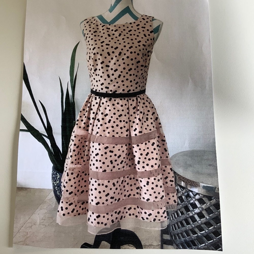 COCKTAIL DRESS VINTAGE BELTED PEACH WITH BLACK POLKA DOTS 1950’S